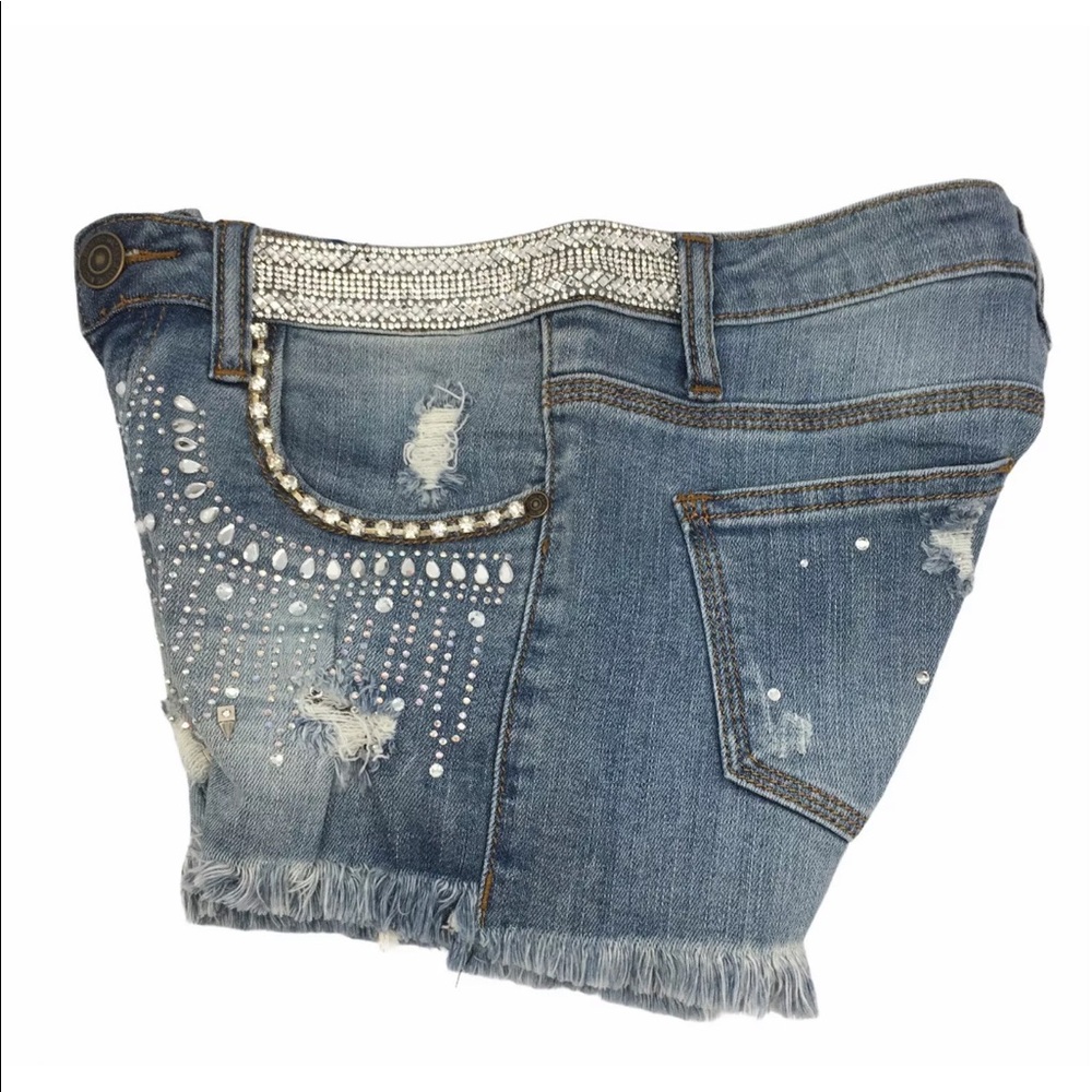 Machine Distressed Cutoff Jean Shorts Rhinestone - Picture 5 of 9